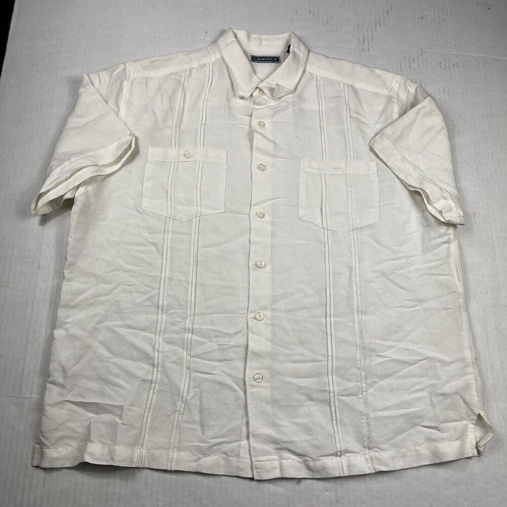 Cubavera Men’s Button Up Shirt Ivory Short Sleeve Work Beach Casual Top LARGE *